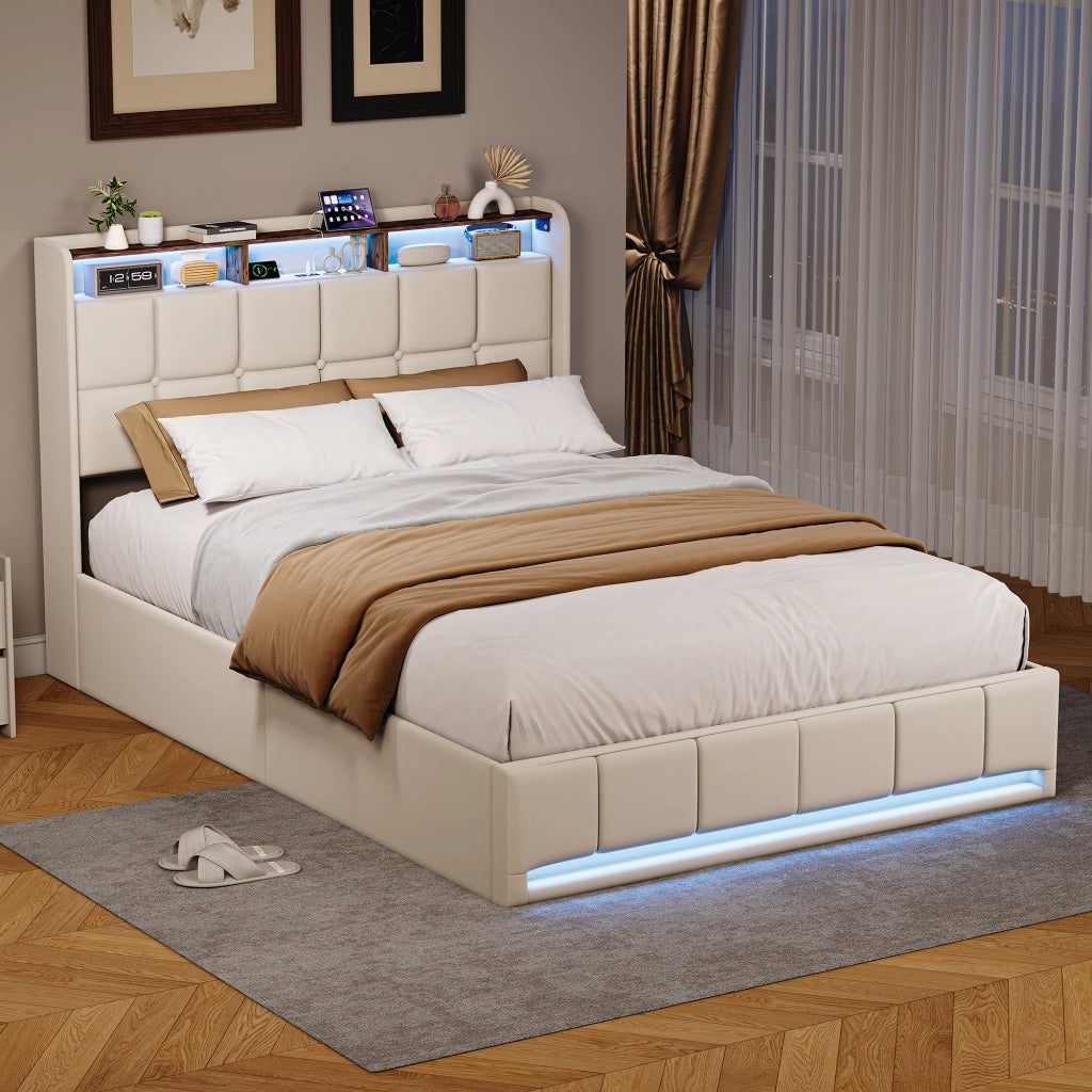 Letto una piazza e mezza 140x190 cm con contenitore LED USB testiera con mensola rete a doghe in lino - beige