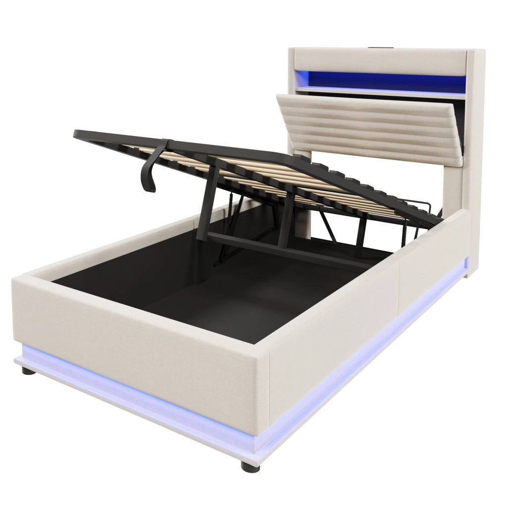 Letto imbottito 90x200 cm con contenitore idraulico; LED e porte USB/Type-C; beige