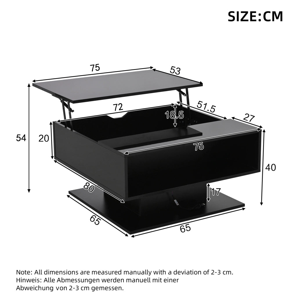 Tavolino da Salotto Sollevabile con LED e 2 Spazi Contenitore; Lucido; in Pannelli di Particelle; 80×75×40 cm; Nero