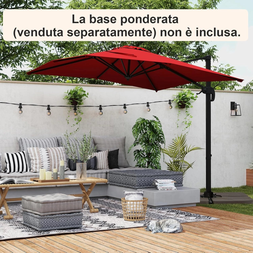 Ombrellone da Giardino 245 cm con Base, Ombrellone da Esterno Rotante a 360°, 5 Posizioni di Inclinazione Regolabili, 8 Stecche, Manovella, Palo in Alluminio, per Giardino Patio (Rosso)