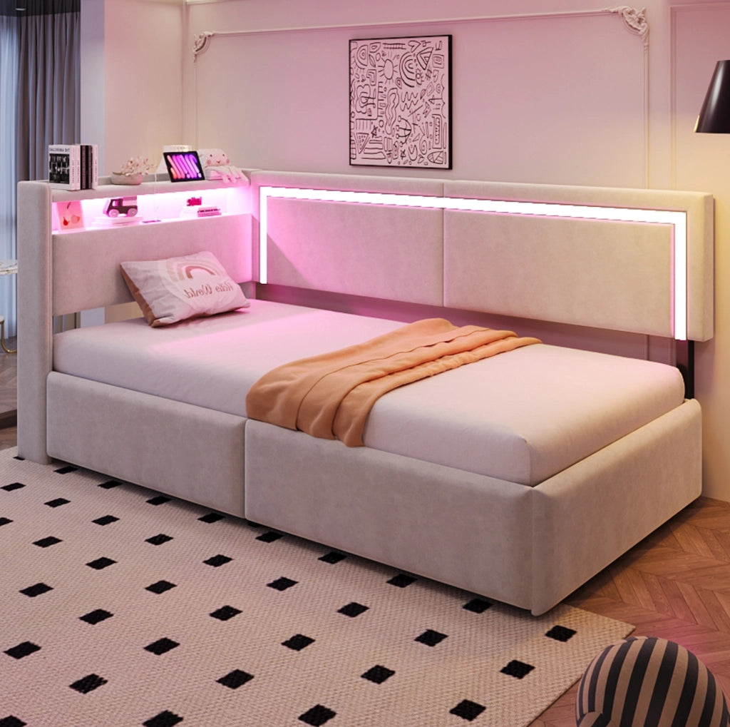 Poltrona letto multifunzione 90x200 cm in velluto beige con LED; USB e contenitore