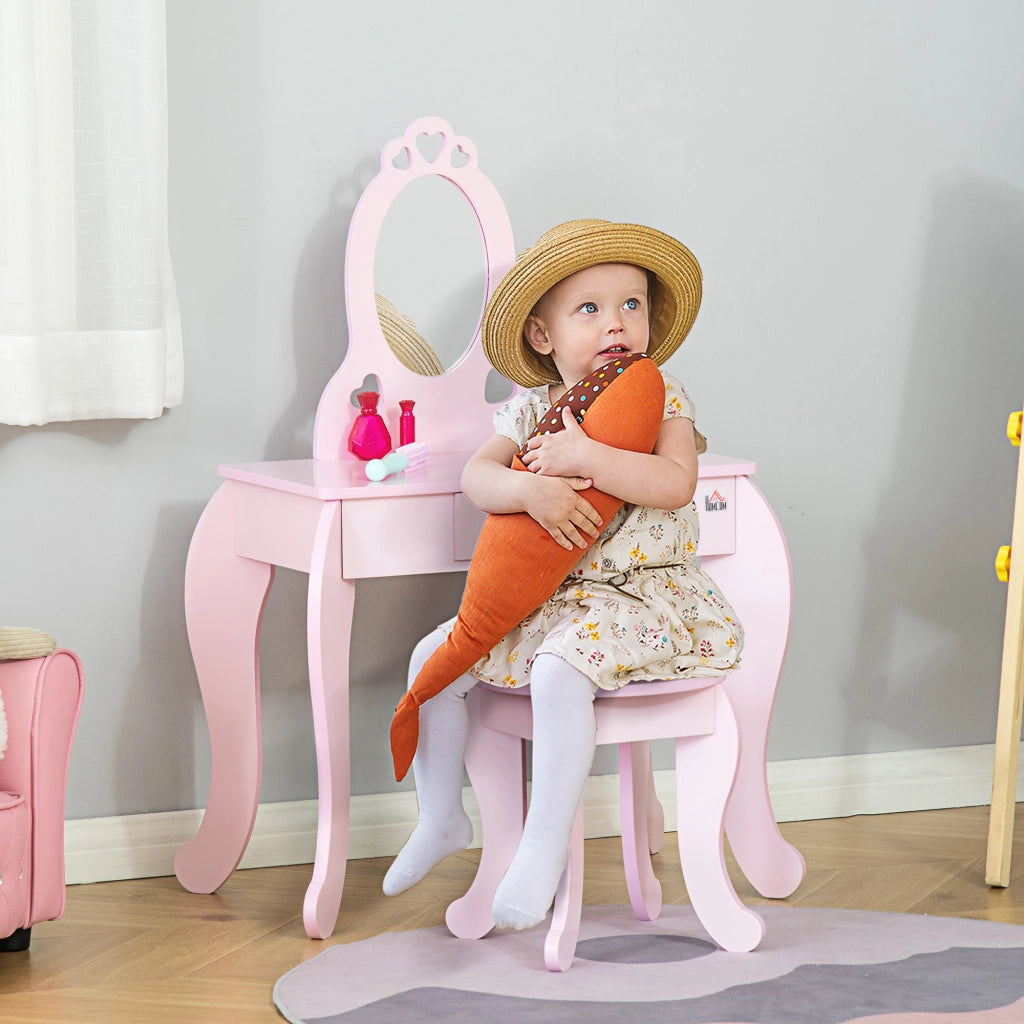 Tavolo Trucco per Bambini con Sgabello ¨C zephmum ¨C Legno, Rosa, 60x36x88cm