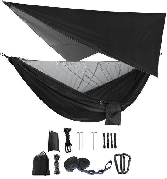 Set di Hammock Singolo-Doppio con Rete per Insetti, Rete per Insetti e Paracadute per la Pioggia - Telaio di Alta Resistenza per Letto da Appendere all'Aperto per Escursioni, Campeggio e Viaggi (Nero)