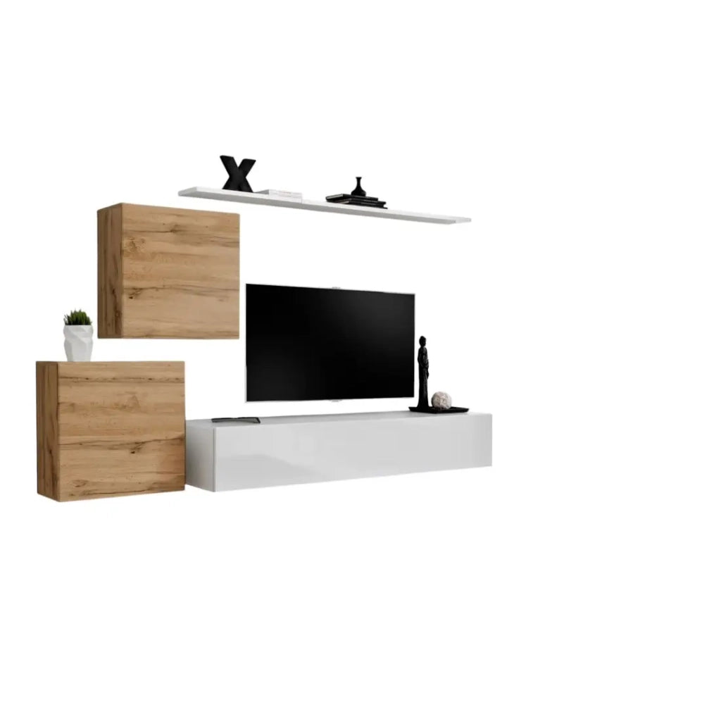 Set di mobili da soggiorno design SWITCH V, colore quercia e bianco con finiture in quercia fresata e bianco lucido.