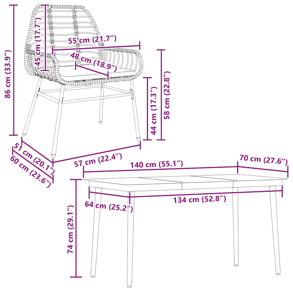 Set da Pranzo da Giardino con Cuscini 5 pz Polyrattan Vetro