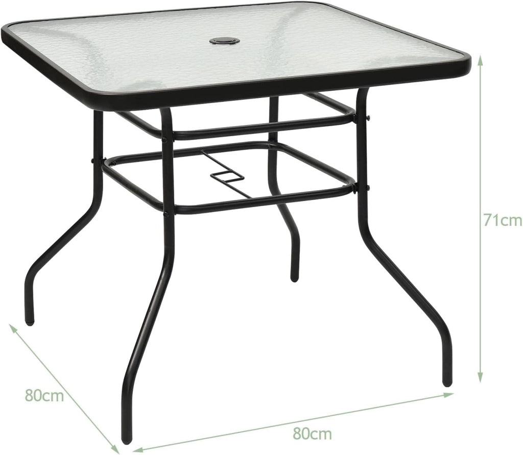Tavolino Quadrato da Giardino con Foro per Ombrellone, Tavolo da Bistrot con Piano in Vetro e Telaio in Metallo, Tavolo da Caffé Portata fino a 80 kg, per Balcone, Terrazza, Giardino, Nero