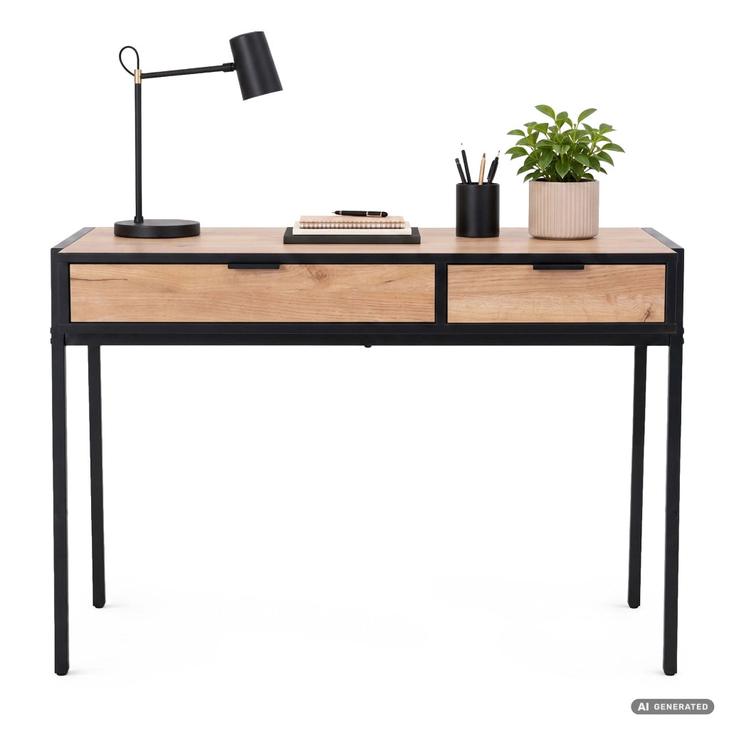 Scrivania industriale per computer Rovere Craft ZENTIA 100 cm 2 cassetti gambe nere