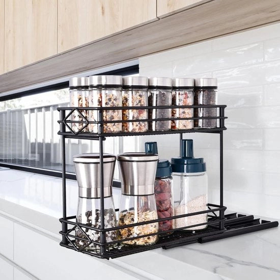 Organizzatore a 2 livelli per spezie RVS estensibile - Senza forare - 3 ganci - Per armadi cucina - 26x11x22cm