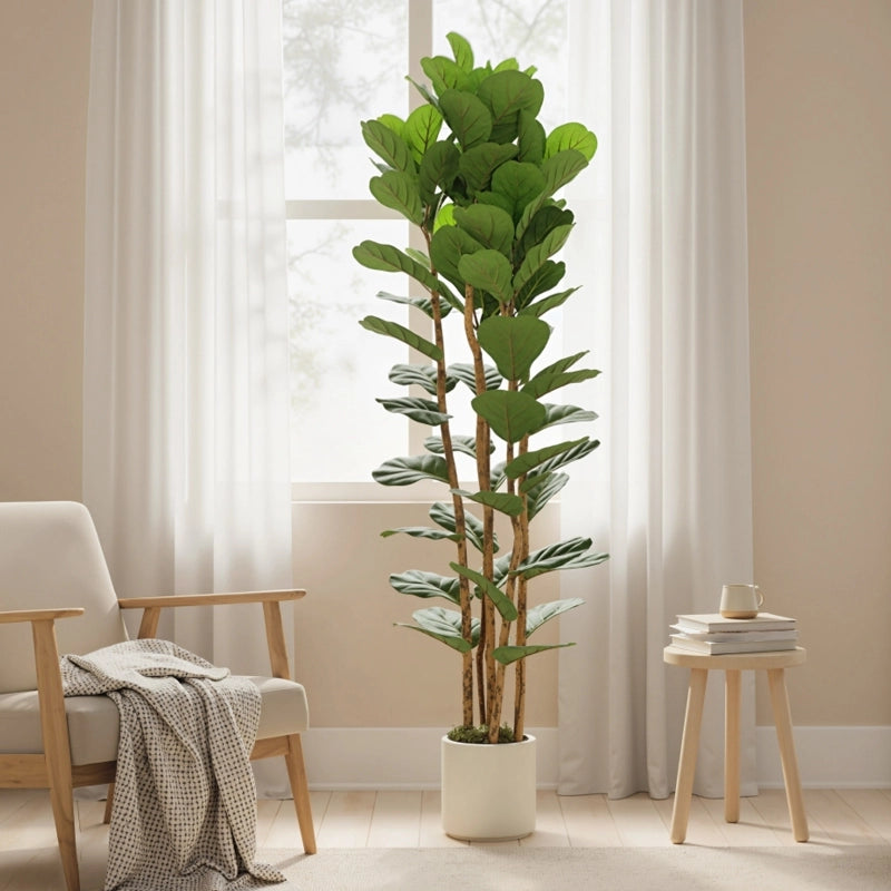 Ficus lyrata artificiale, pianta artificiale con 91 foglie, tronco in legno massello, vaso, 55 x 55 x 180 cm, verde