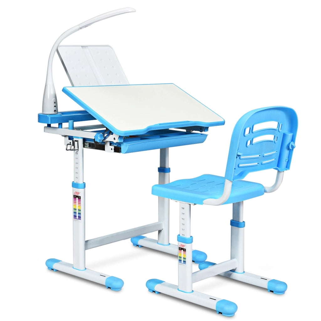 Scrivania per bambini altezza regolabile 54-76cm Set tavolo e sedie bimbi inclinabile con lampada, Blu-Tavoli e sedie