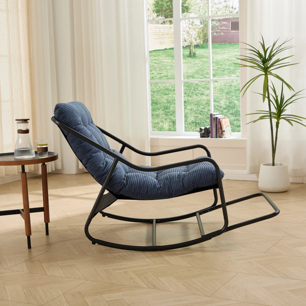 Sedia a dondolo con cuscino spesso e movimento regolabile per soggiorno in acciaio blu navy