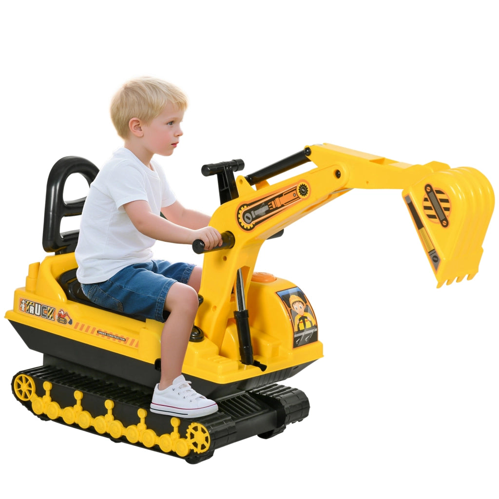 Escavatore Ruspa Giocattolo Cavalcabile per Bambini max. 30 kg con Schienale, Braccio Mobile e Vano Contenitore, 78x24x58.5cm
