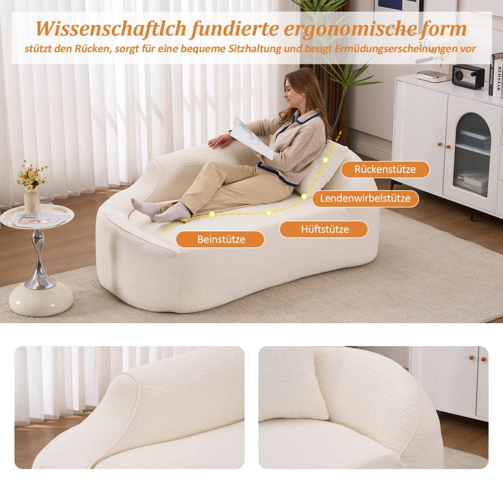 Divano letto 2 posti con seduta profonda e cuscino; chaise longue in ciniglia bianco