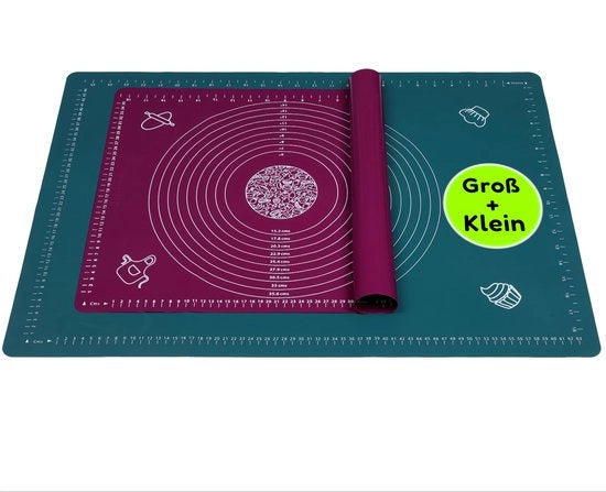 2x Tavoli di cottura in silicone, 2 misure antiaderente: 51x71 cm + 40x50 cm, XL deegmat con dimensioni, blu petrol.