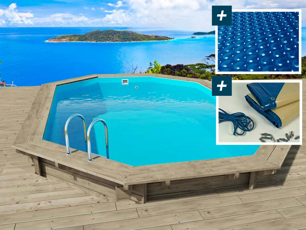 Piscina in legno "Seychelles" - 4,00 x 3,00 x 1,30 m + copertura a bolle d'aria 180 µ + copertura invernale 280 gr/m²