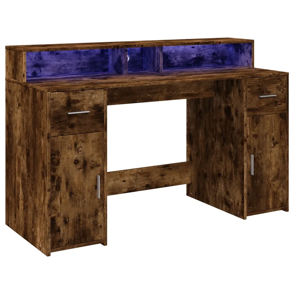 Scrivania con Luci LED Rovere Fumo 140x55x91 cm in Multistrato