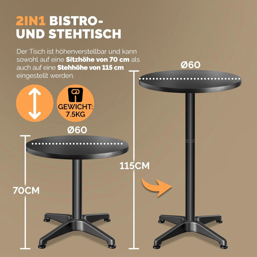 ® Tavolo da Bar 2in1 Regolabile Pieghevole 70 cm/115 cm in Alluminio Ø 60 cm Tavolino da Esterno Interno Nero