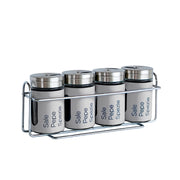 Set 4 Contenitori In Vetro Cucina Portaspezie 90 Ml Con Espositore In Metallo Barattoli Moderni Sale Pepe Rotondi Tappo Girevole Acciaio Per Regolazione Con Moderne Scritte Certificati Contatto Alimentare Grigio