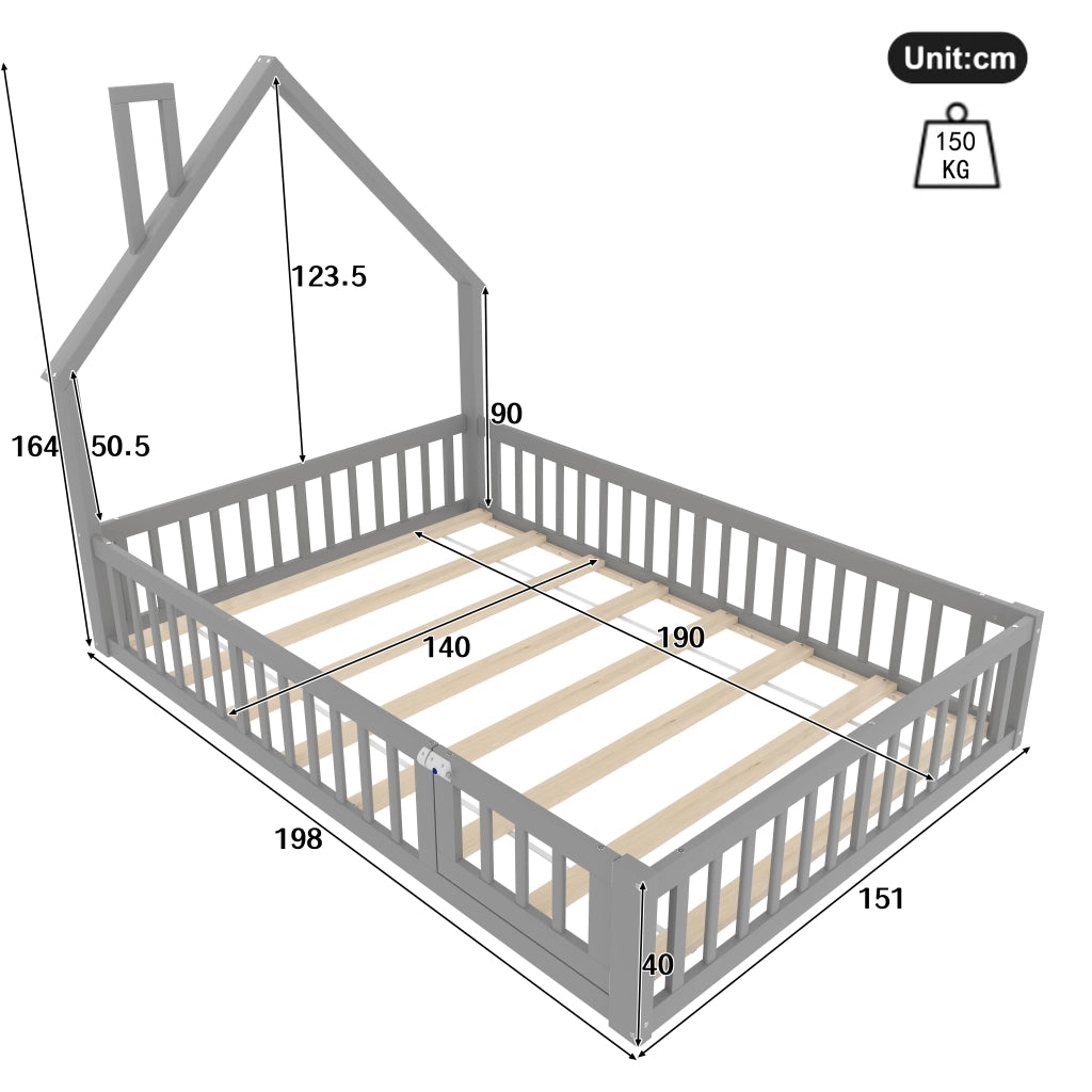 DESMIU Letto per bambini 2 posti 140 × 190 cm con sponde e forma camino, senza materasso, grigio