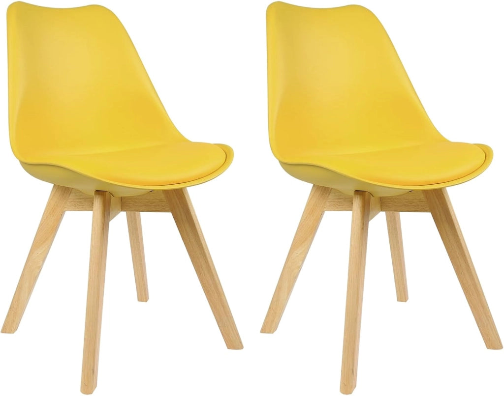 Sedie da Pranzo Set di 2, Sedie da Cucina, in Legno Massello e Pelle Sintetica, Capacità di Carico 150 kg, Giallo, BH29gb-2
