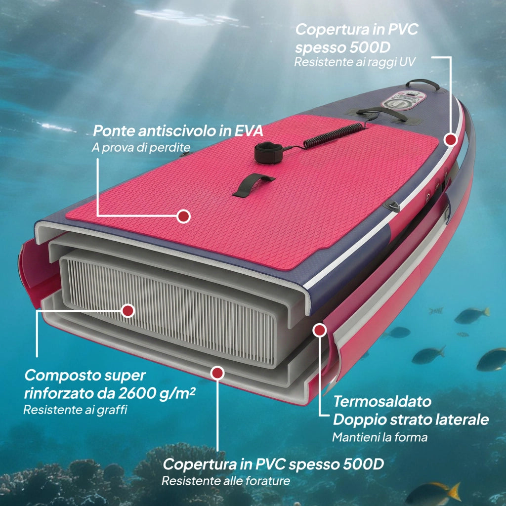 Tavola SUP Gonfiabile con Sedile e Pagaia - Xylo - 335x82x15 cm Blu Rosa