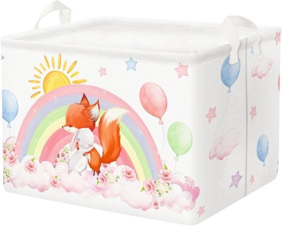 Scatola di stoccaggio per bambini con maniglia, 36L, con forma rettangolare, con design conigli e volpi multicolore, per abbigliamento, per cameretta o bagno.