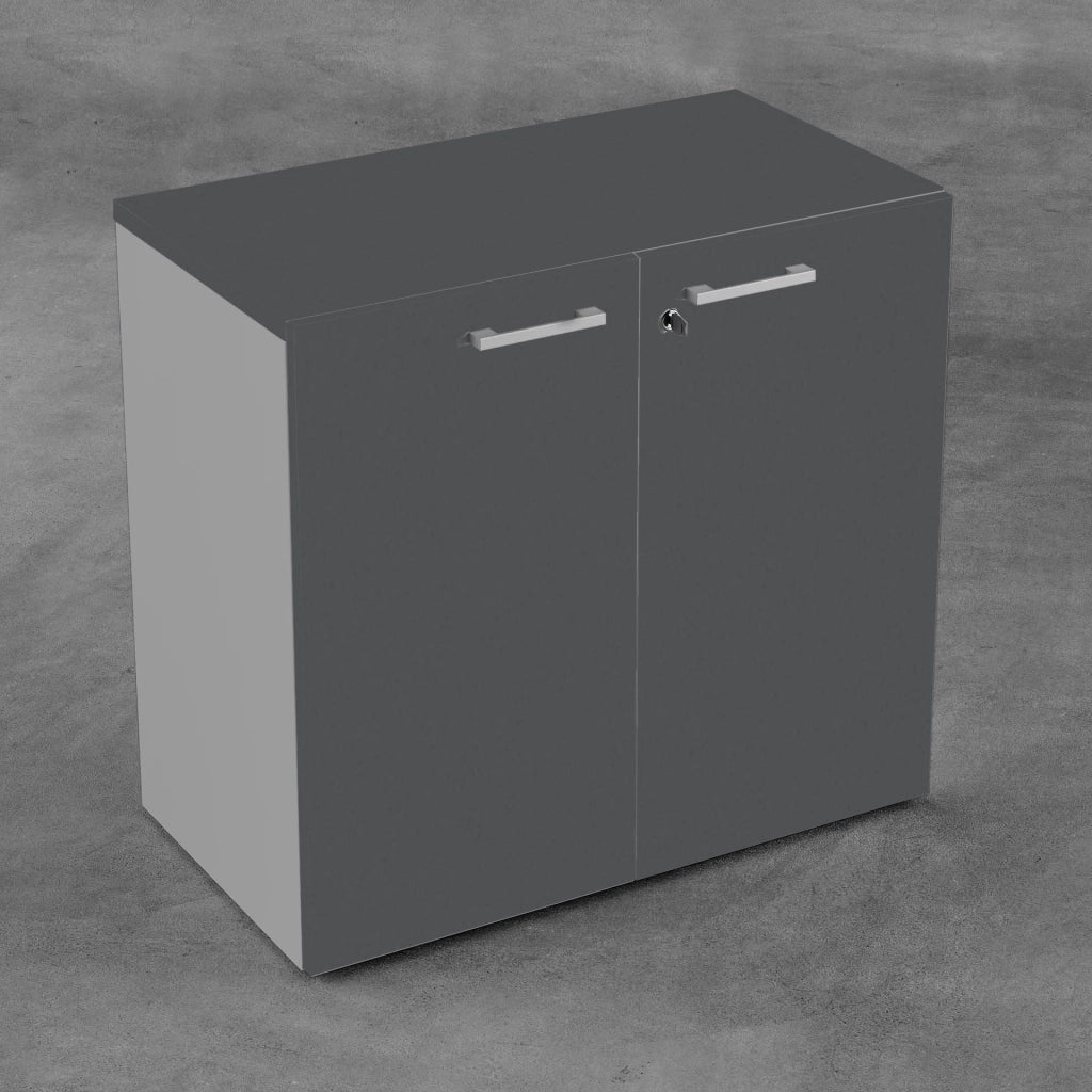 Contenitore basso da ufficio con ante battenti in melaminico in vari colori e struttura grigia cm. 90x43x87h