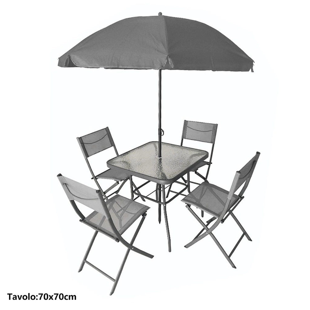 Trade Shop - Set Giardino Sharm Tavolo Con Ripiano Vetro 70x70cm 4 Sedie Pieghevoli Ombrellone Parasole - Grigio