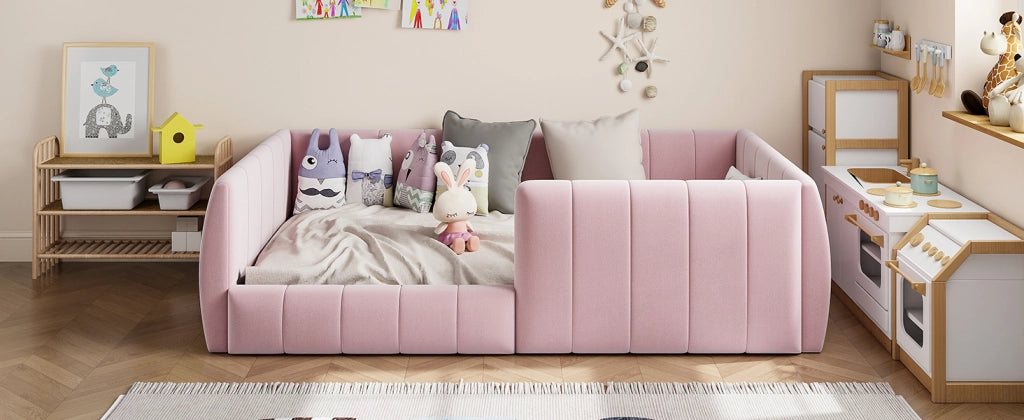 DESMIU Letto singolo 90 × 200 cm con barriera di sicurezza, schienale imbottito, senza materasso, in MDF, rosa