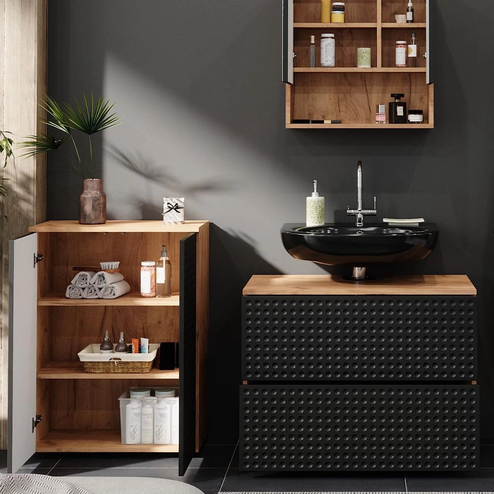 Set mobili bagno Irma, Antracite puntinato, 80 cm, composto da mobile sottolavabo, specchiera e mobile medio