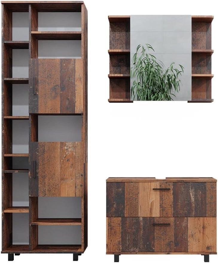 Set di mobili da bagno Ilias, Rovere rustico, 80.2 cm, composto da mobile sottolavabo, specchiera e colonna alta