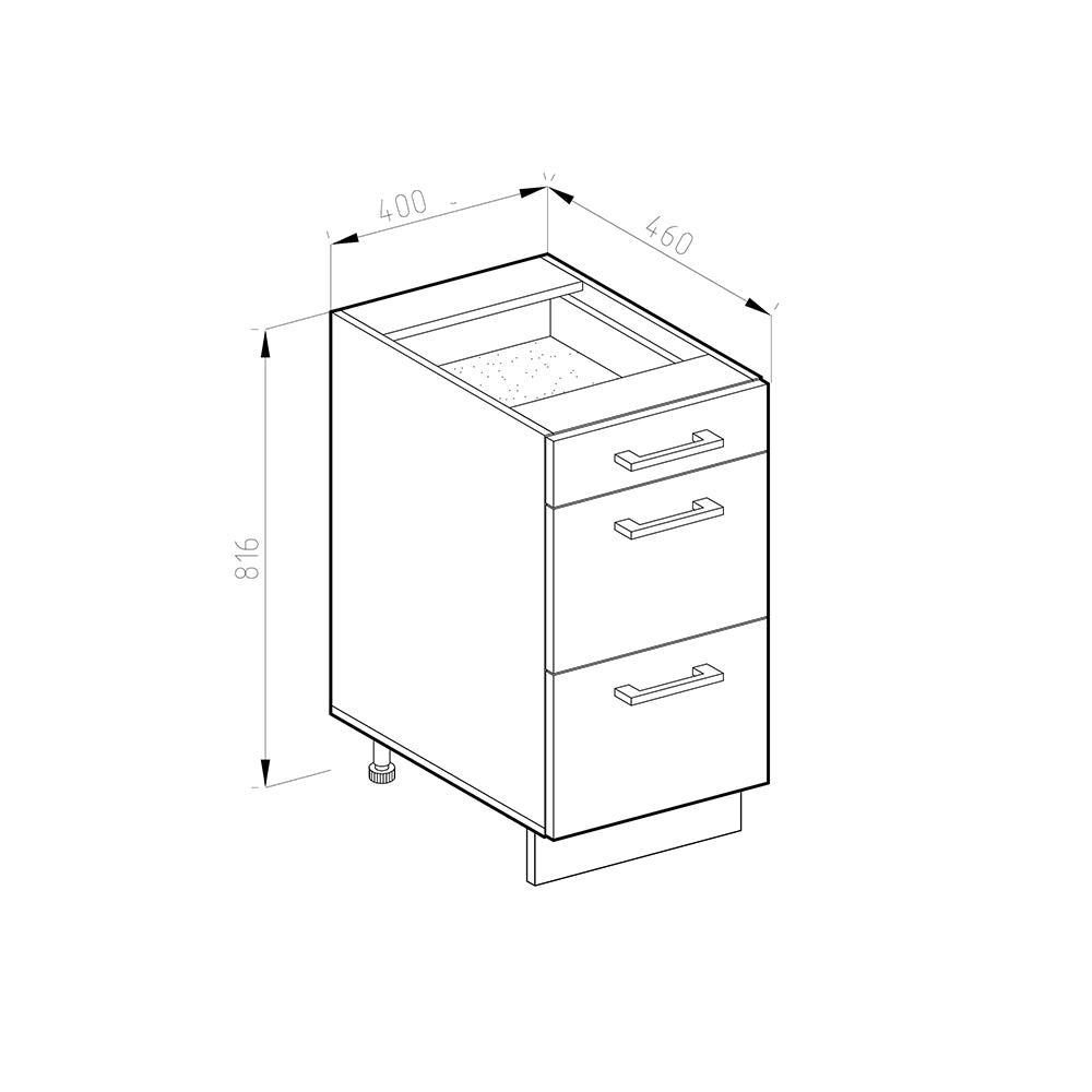 Mobiletto base per cucina R-Line Antracite lucido/Rovere dorato 40 cm con cassetti, senza piano di lavoro Vicco