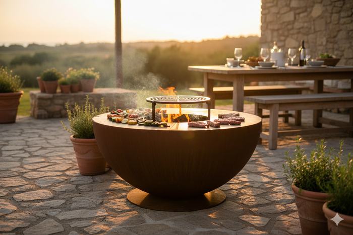 Barbecue a Legna Ø60x40 cm Tulipano in Acciaio Effetto Ruggine