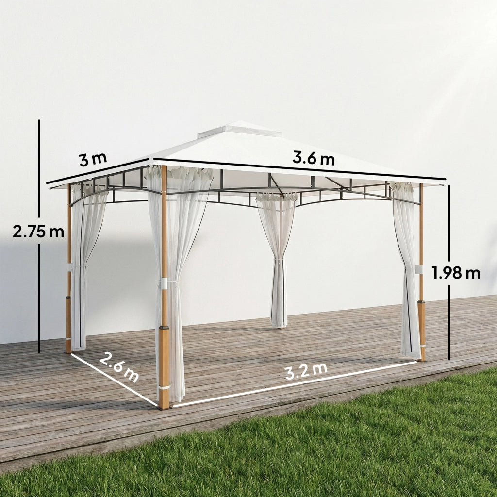Gazebo 3 x 3,6 m, Tetto Doppio UPF50+ con Rete, Crema
