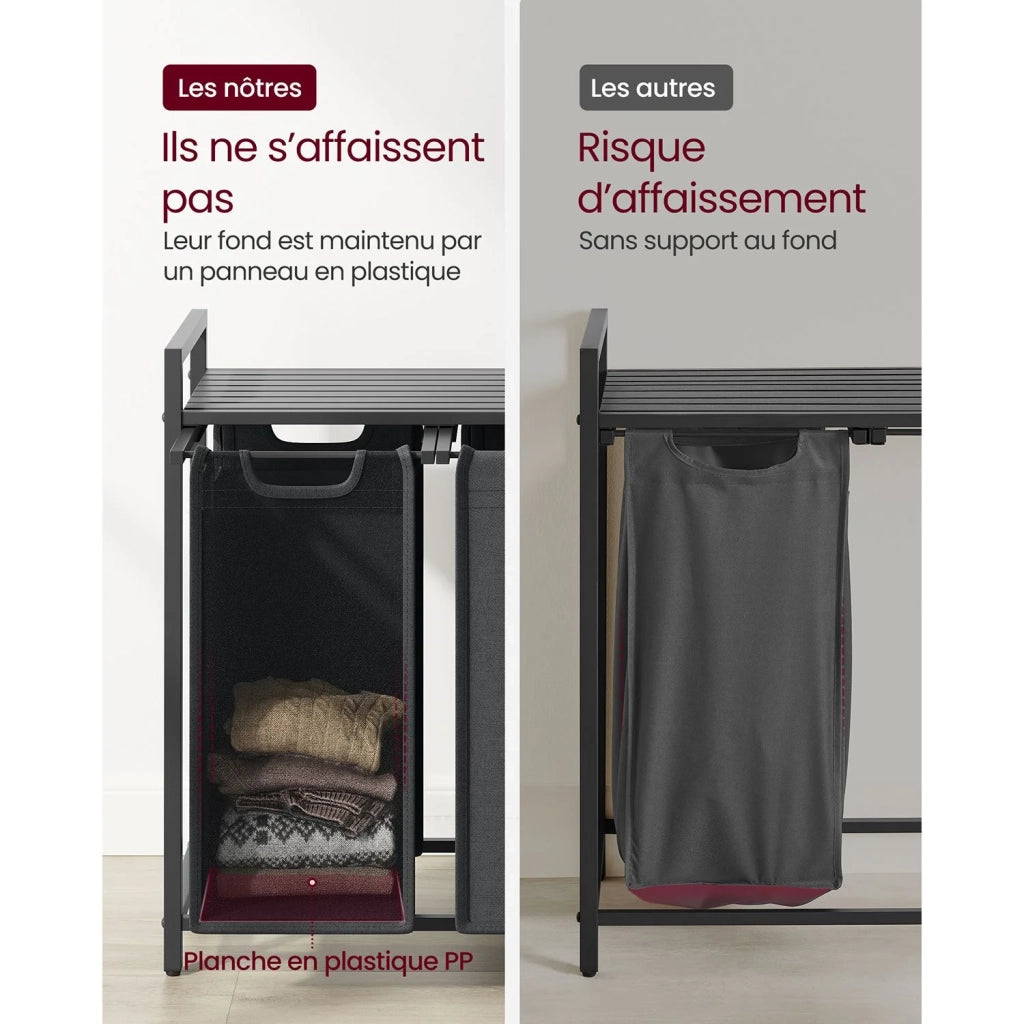 Cesto portabiancheria con 3 scomparti e 1 ripiano rimovibile per sacchetti capacità 38 l per sacchetto per bagno/lavanderia grigio 12_0006757