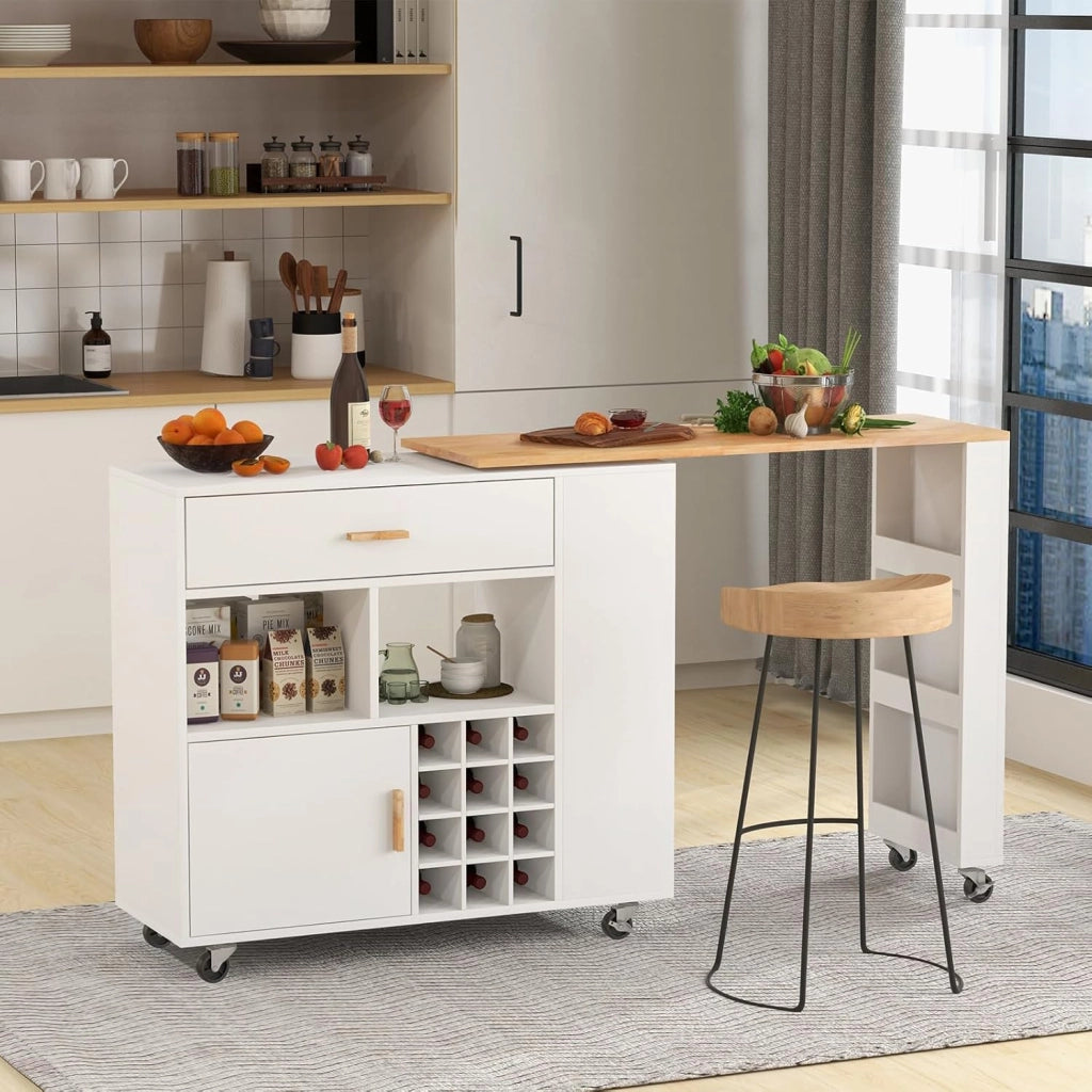 Carrello da cucina 2 in 1 con forma convertibile, isola di cucina, con ruote e spazio di archiviazione, cassetto, portabottiglie e ripiano regolabile, mobile per sala da pranzo (bianco)