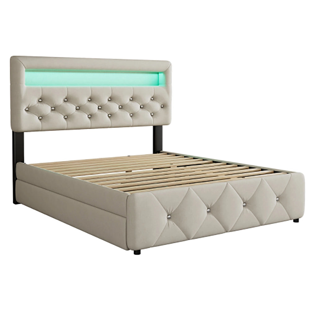 Letto adulto imbottito - Xylo - 140x200 cm - Beige - Con letto a scomparsa, 2 cassetti e comodino con LED
