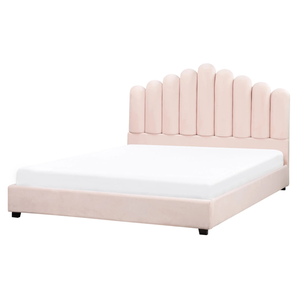 Letto matrimoniale ad acqua in velluto rosa pastello 160 x 200 cm testata alta a conchiglia stile classico retrò