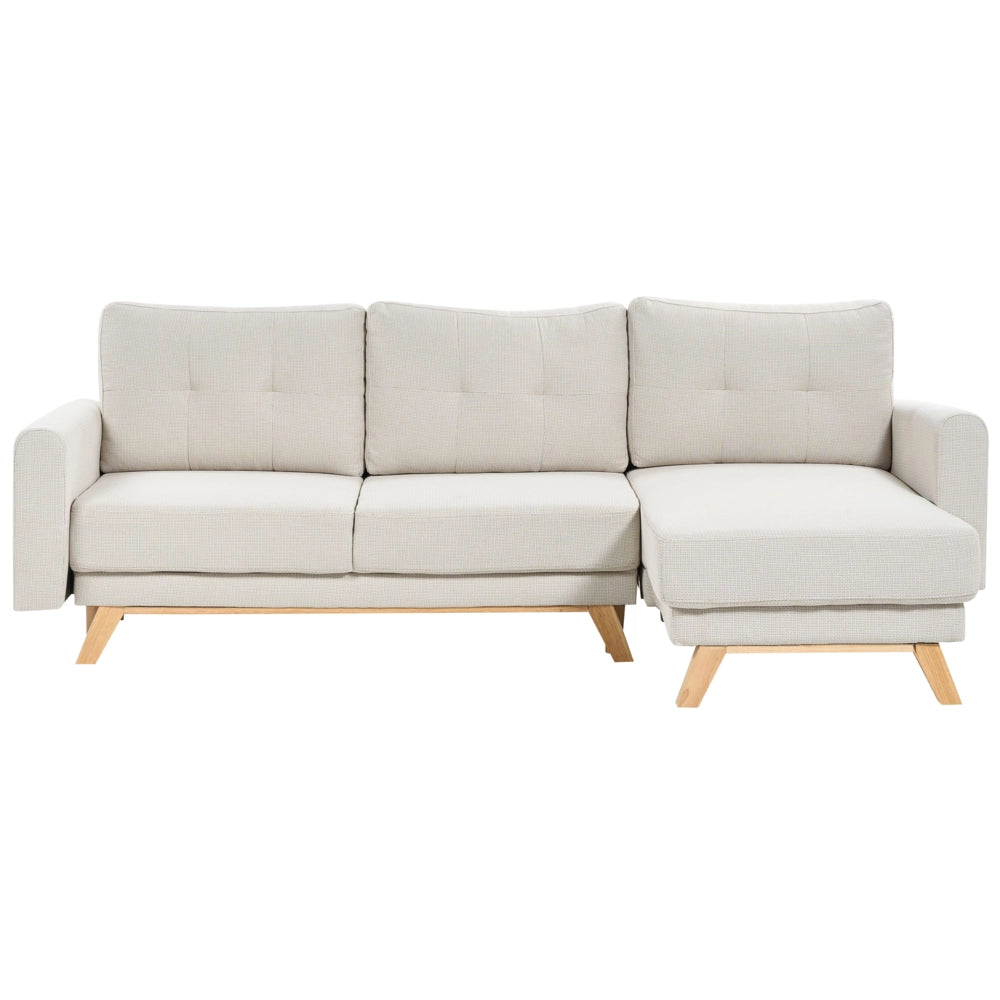 Divano angolare 3 posti sinistro imbottito in tessuto beige con funzione di dormiente e schienale imbottito estraibile Gambe in legno