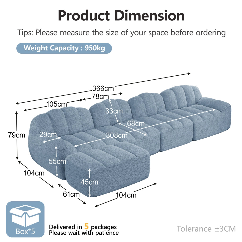 Divano modulare 4 posti con pouf e seduta ampia, schienale ergonomico per soggiorno in fleece granulato blu
