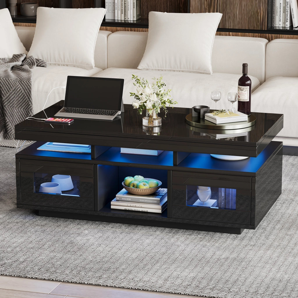 Tavolino da Caffè con 2 Ante e 2 Vani Semiaperti e LED; Presa + USB; Nero Lucido; in Pannello truciolare; 100×50×43 cm