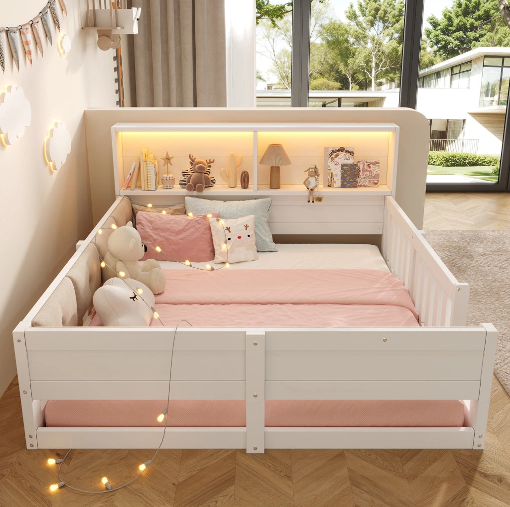 Letto per bambini 140 x 200 cm con sponde, LED e contenitori