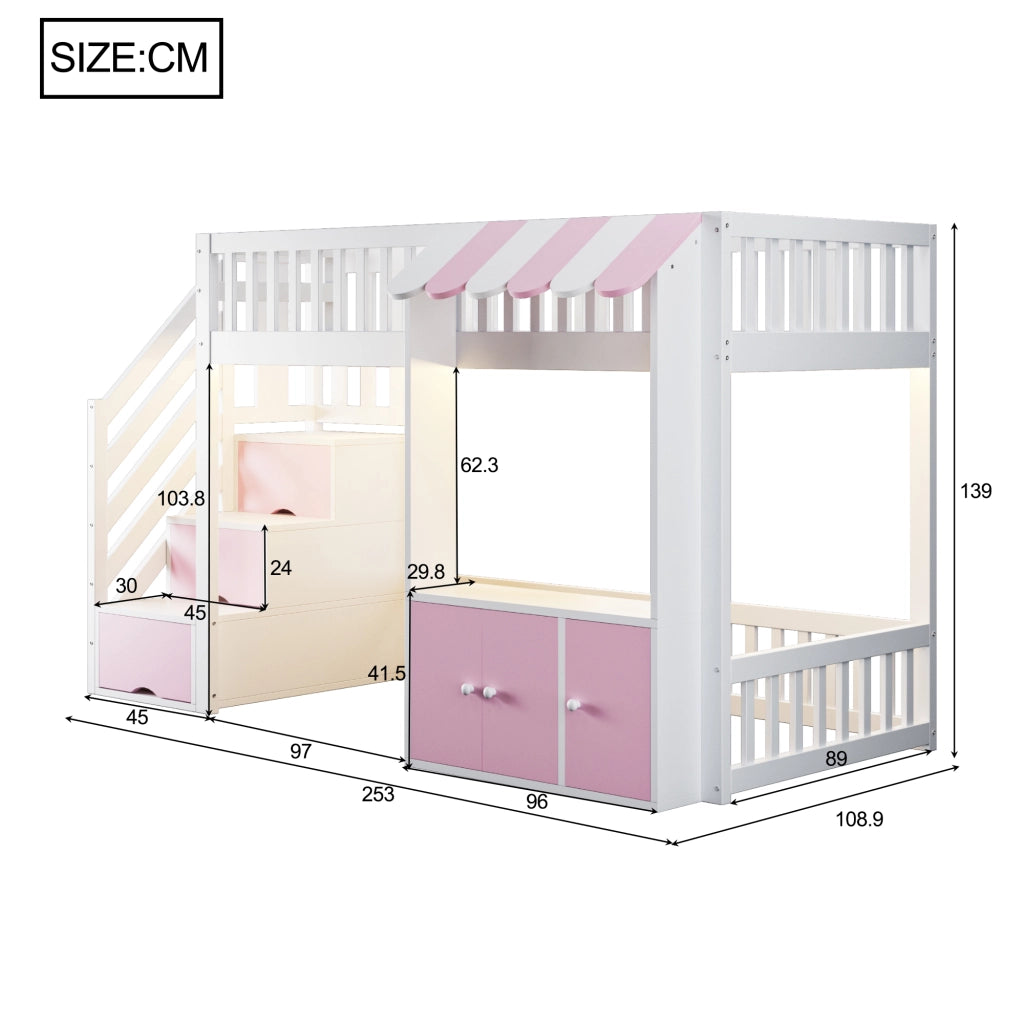 Letto a soppalco singolo 90×200 cm con scala contenitore e LED; senza materasso; legno; rosa e bianco