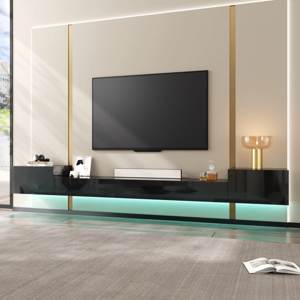 Mobile TV sospeso con 2 ante e 3 ribalte, LED multicolore e passacavi, finitura lucida, nero, 245 × 30 × 26 cm