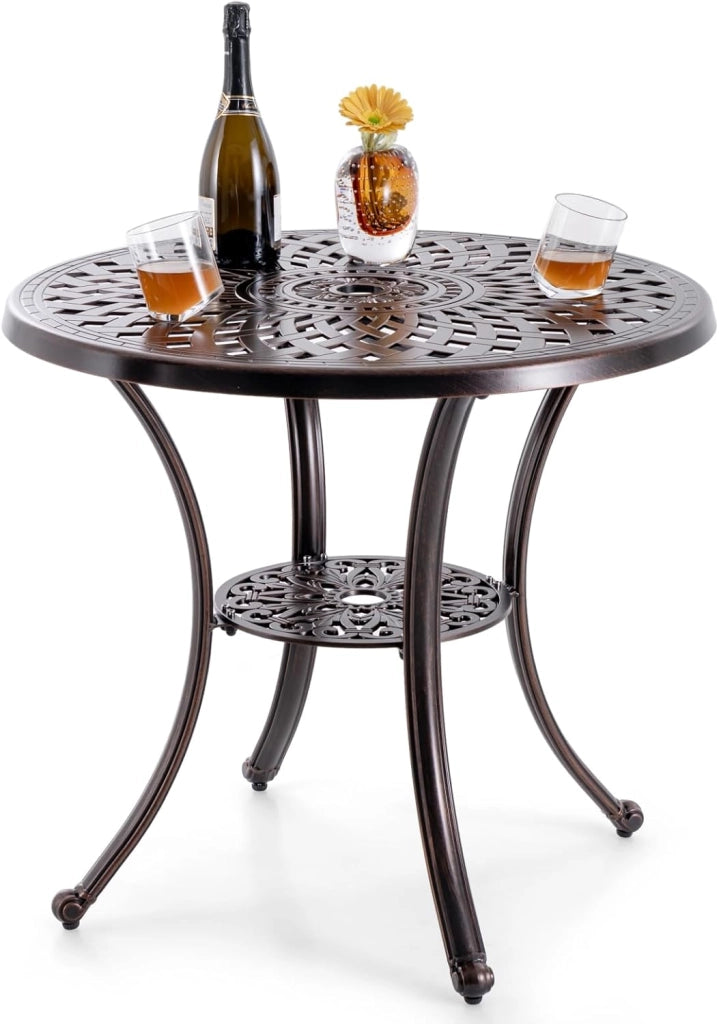 Tavolo da giardino rotondo con foro per ombrellone, tavolo da balcone con ripiano inferiore e piedini regolabili, tavolo da bistrot con alluminio pressofuso, tavolo da pranzo per balcone
