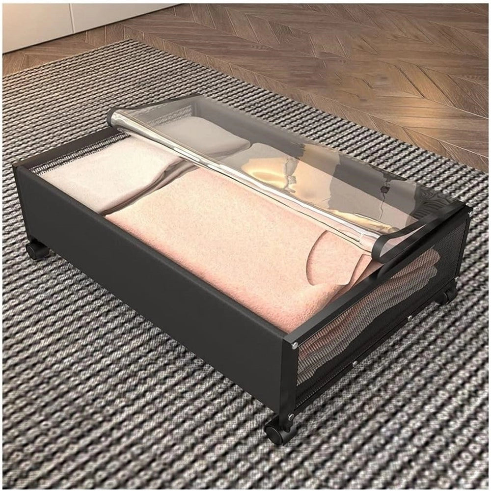 Trade Shop - Contenitore Portaoggetti Sottoletto In Metallo Con Ruote Coperchio Biancheria Salvaspazio -