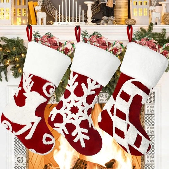 Set di calze da Natale di 3 pezzi - calze da Natale da 45 cm - con disegno di renna/neve - calze da Natale pendenti - calze da Natale rustiche - grande apertura per regali - Set da Natale