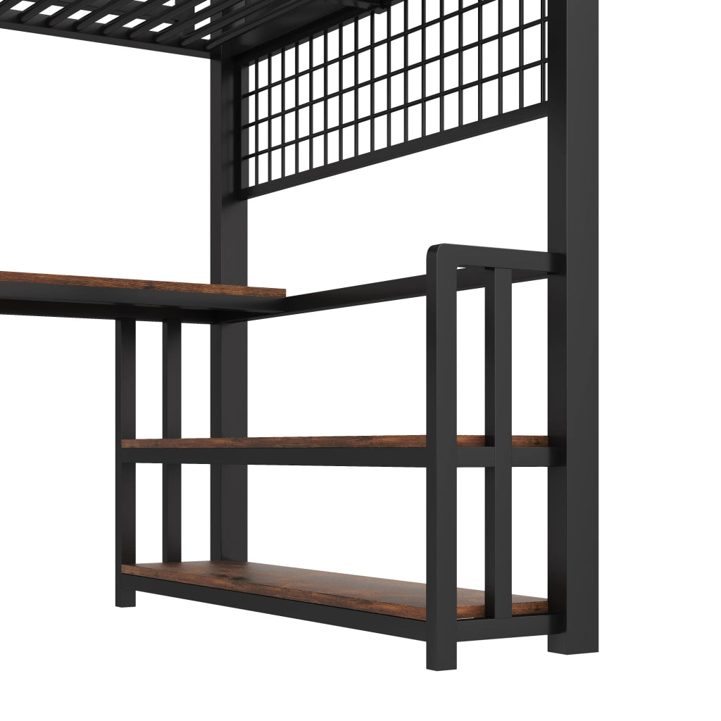 Letto a soppalco 140×200 cm con scrivania; ripiani; LED; USB e Type-C; senza materasso; metallo; nero