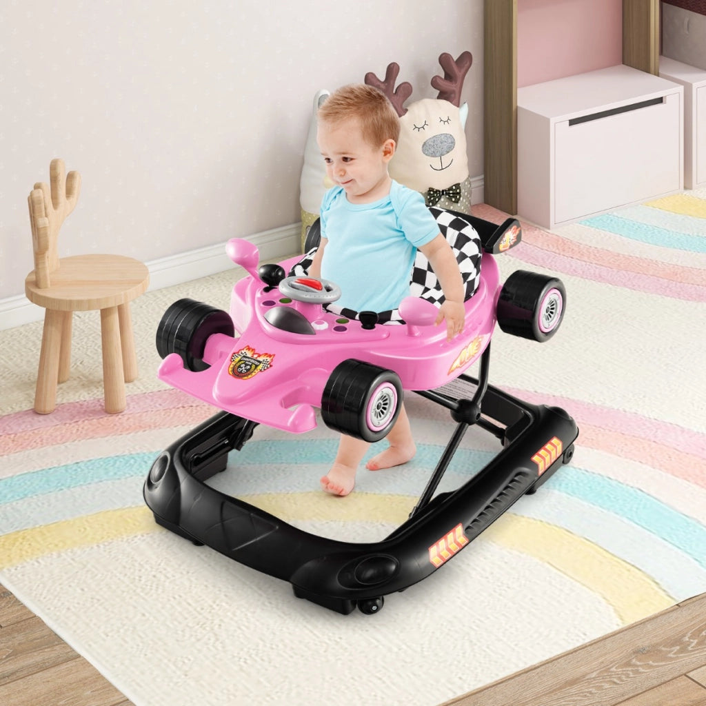Girello per bambini pieghevole con altezza regolabile a 3 livelli vassoio rimovibile, Camminatore convertibile 4-in-1 Rosa-Primi passi