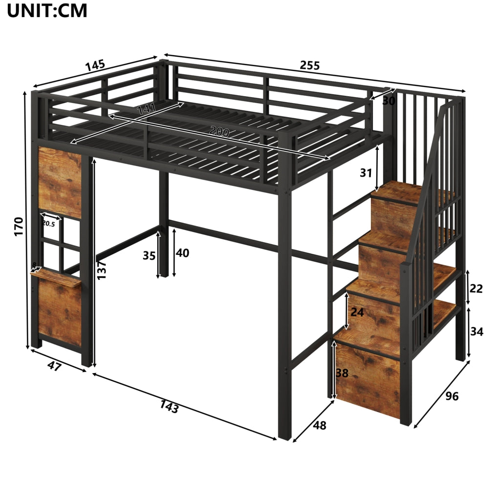 Letto a soppalco 140x200 cm con scala contenitore e area gioco, nero